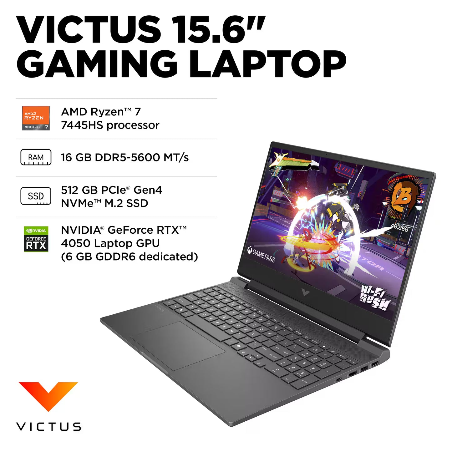 HP VICTUS 15-FB3093 GAMING AMD Ryzen™ 7 7445HS 512GB SSD 16GB 15.6'' (1920x1080) 144Hz WIN11 NVIDIA® RTX 4050 6G MICA SILVER Backlit Keyboard