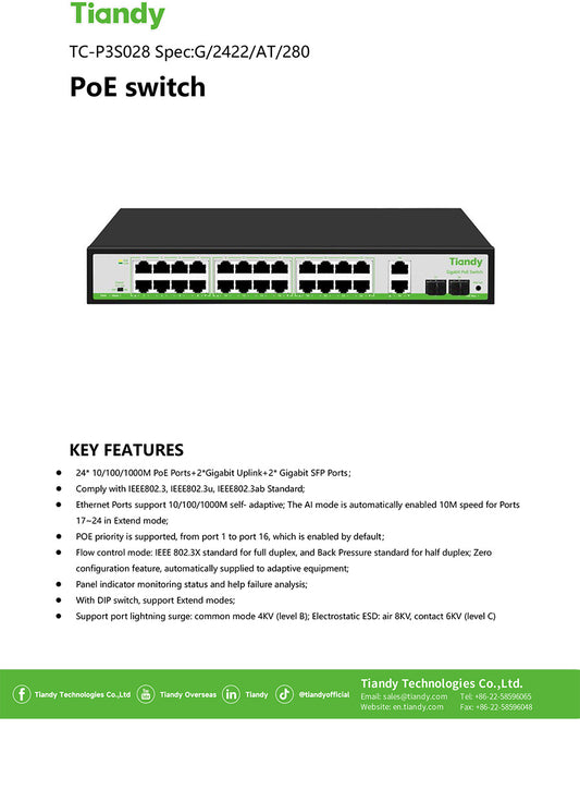 Tiandy Switch TC-P3S028 Spec:G/2422/AT/280